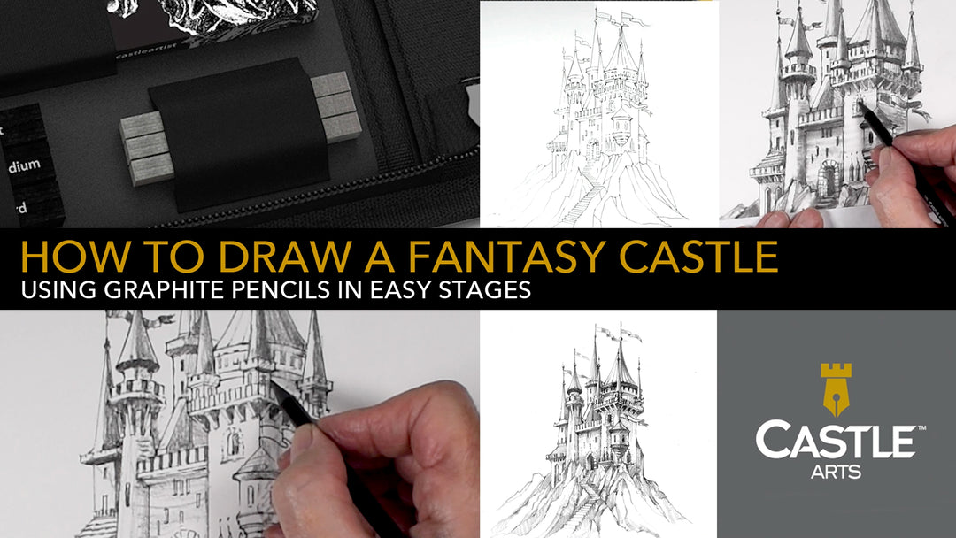 Wie man ein Fantasy-Schloss mit einem weichen Graphitstift und einem Mixer zeichnet