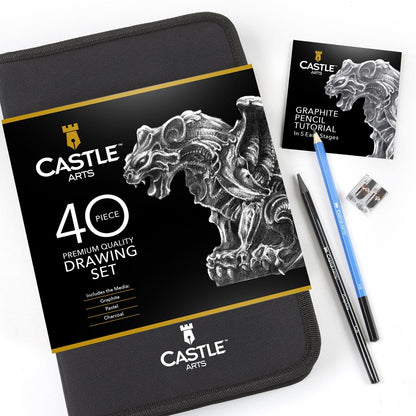 Castle Arts 60 Teiliges Graphitstift Kunstset Zum Zeichnen Und Skizzieren In Einem Etui Mit Reißverschluss